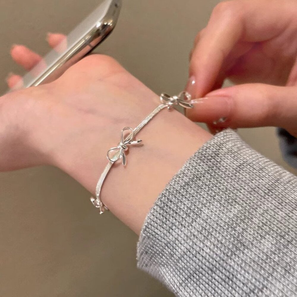 Silver Tone Bow Charm Bracelet Adjustable Minimalist Coquette Bracelet